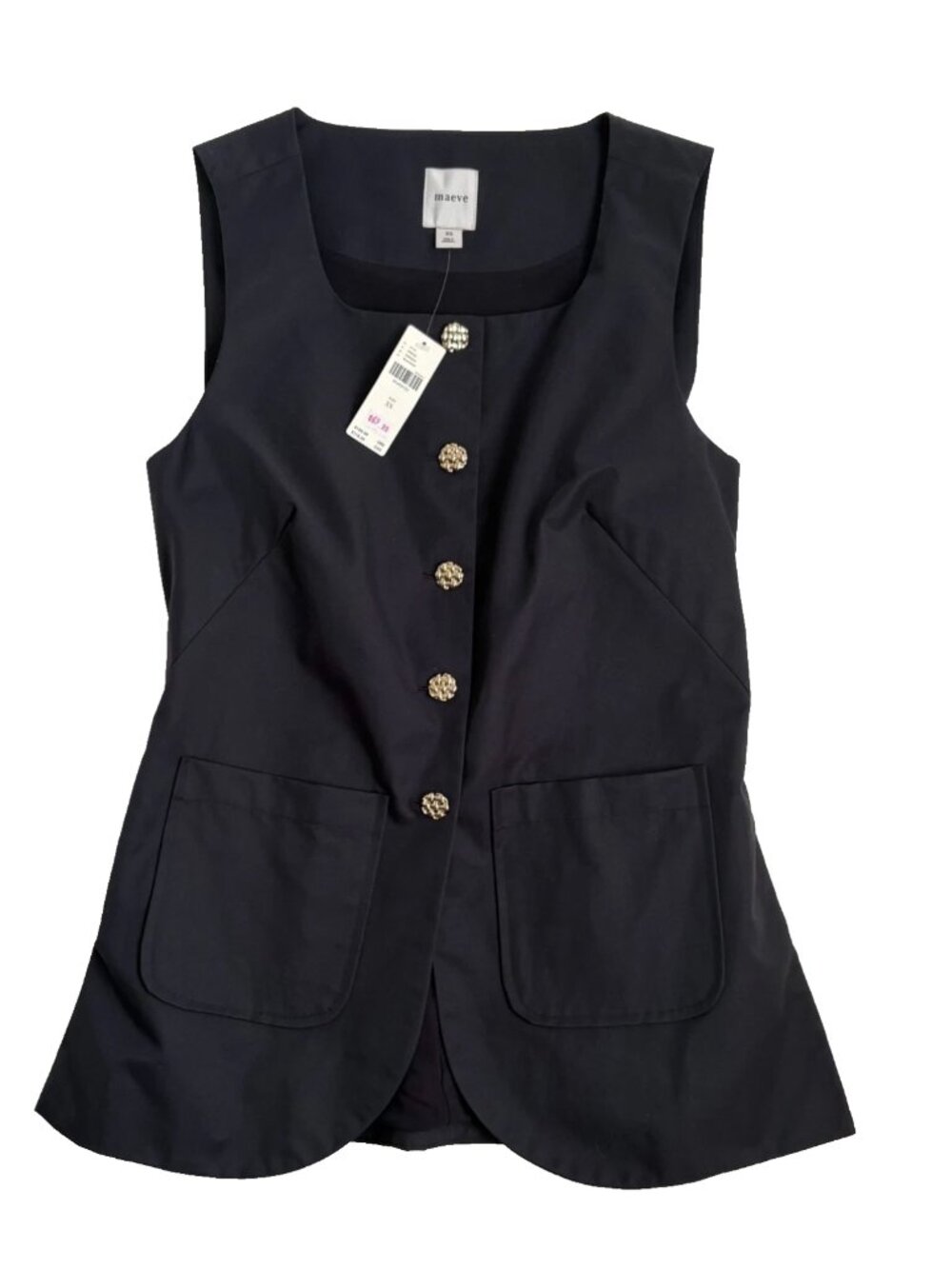NWT Anthropologie Maeve Black Longline Vest XS Gold Textured Buttons Pockets